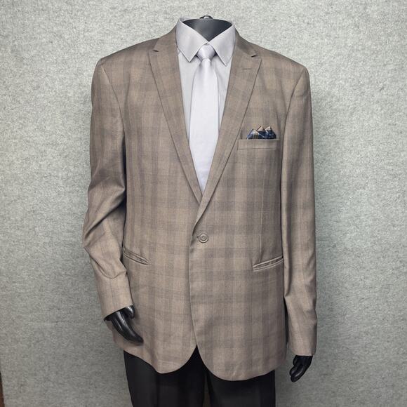 West End Mens 3pc Suit Tan Plaid Check 48L IT Fits US 44L/46L 40W Tapered Pants - Picture 3 of 15